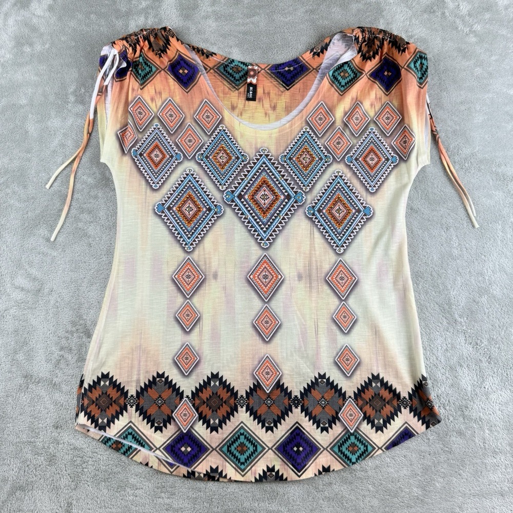 Big Bang Top Womens Orange Aztec Tribal Embelished‎ Short Sleeve Made In USA